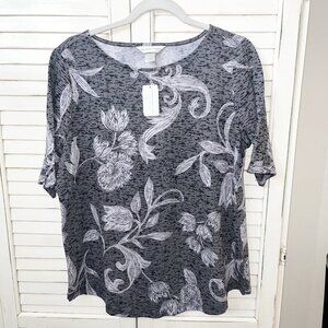 NWT Christopher & Banks T Shirt Womens Gray Black Floral Short Sleeve Large